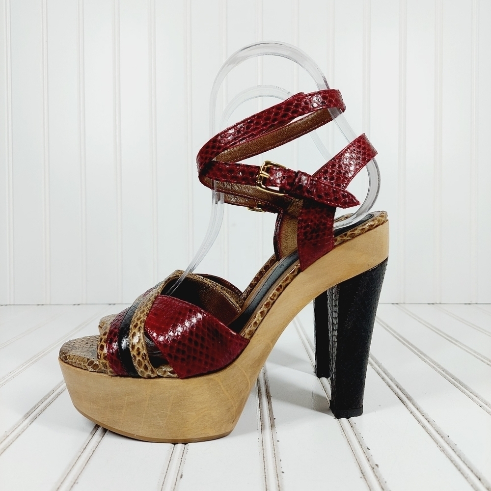 Marni Red Tan Snakeskin Slip On Wood Platform Ankle Buckle Strap Sandals B220